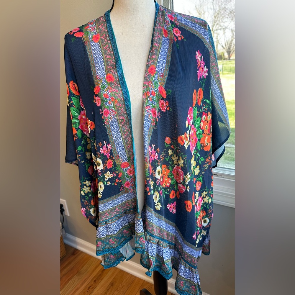 Umgee Stunning Floral Boho Kimono mixed Print Ruffle trim Blue Pink Whimsical